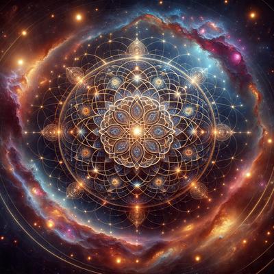 The primary subject of the image is a large, intricate, and colorful geometric pattern, which appears to be a mandala. The pattern is set against a backdrop of a starry night sky, giving the scene a sense of depth and beauty. The visual style of the image is a combination of digital art and illustration, creating a vibrant and captivating display. The dominant colors in the image are shades of blue, orange, and purple, which contribute to the overall mood of the scene, evoking